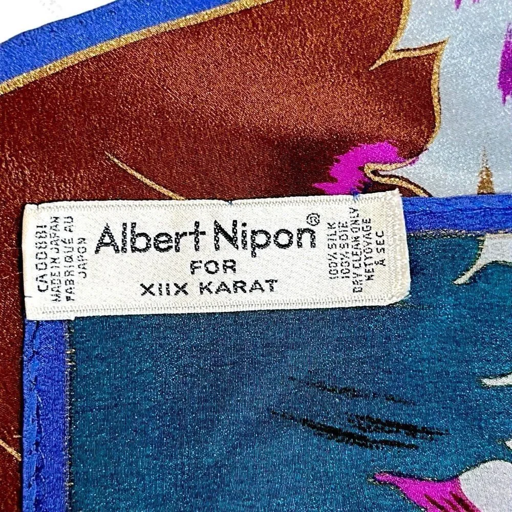 Albert Nipon for XIIX KARAT Silk Square Scarf Blue Magenta Tan Floral Vintage